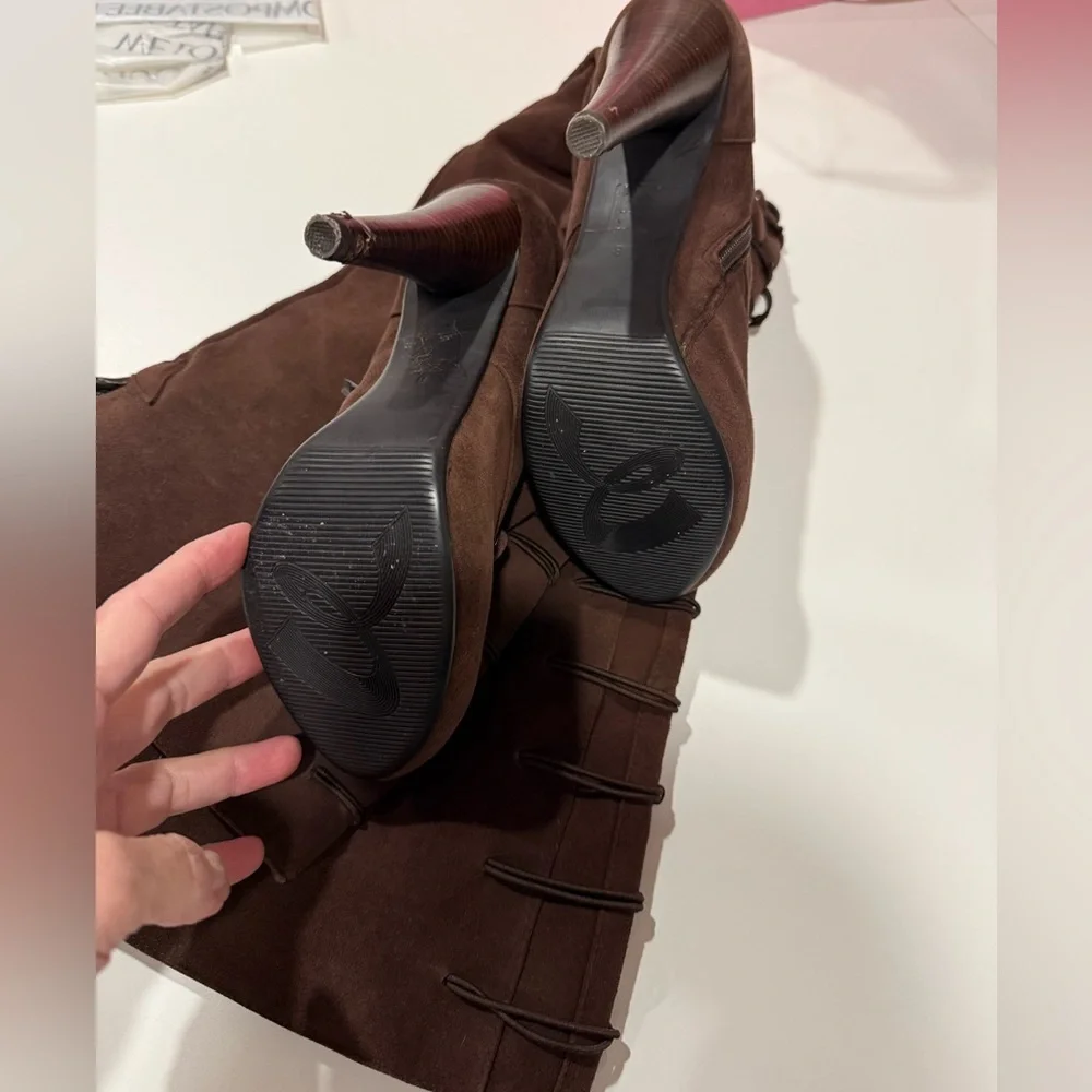 NYLA EUC Brown Suede OTK Stiletto Boots Size 8 Y2K Button Detail